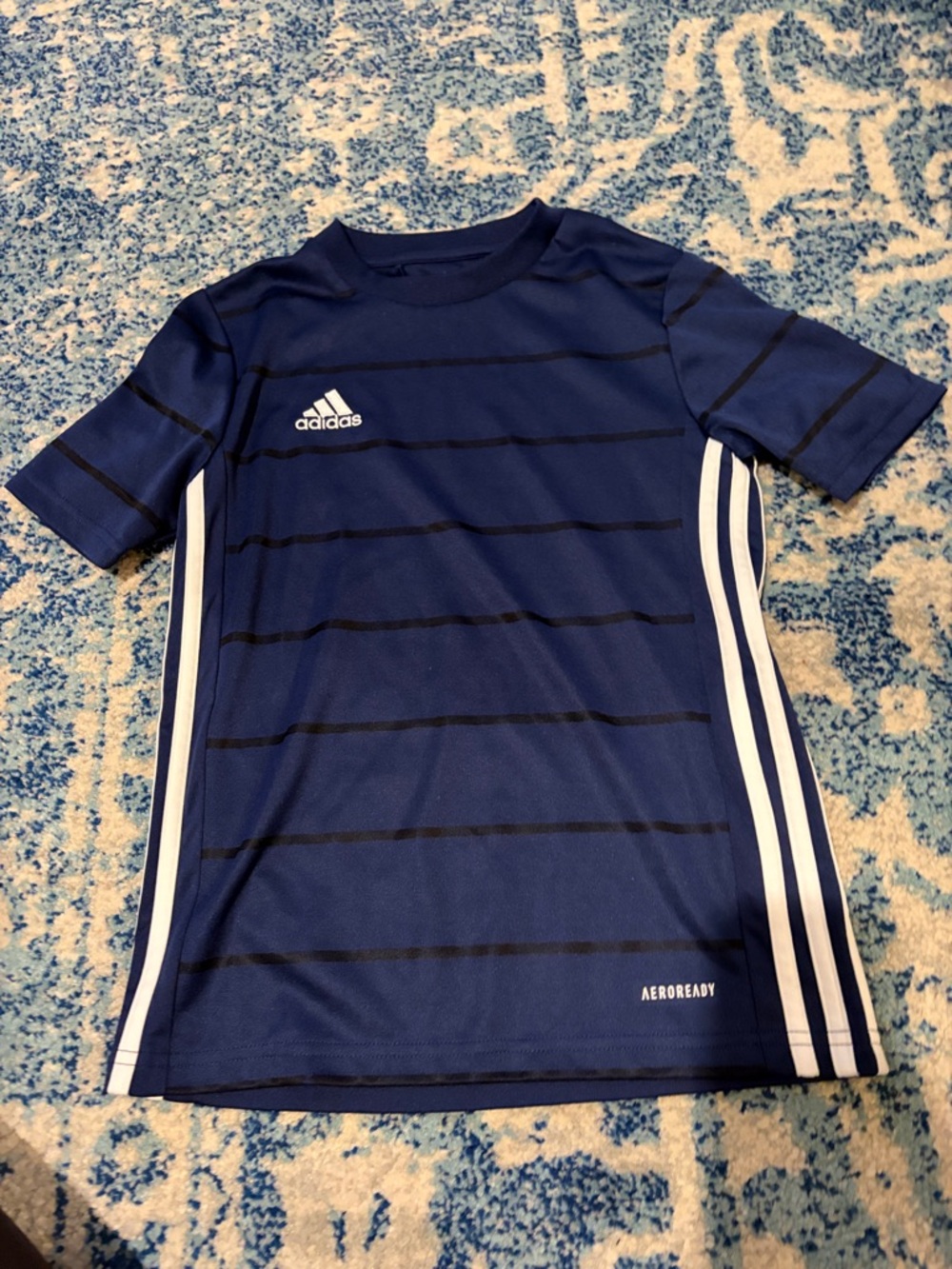adidas Navy Blue Soccer Tee with White Stripes